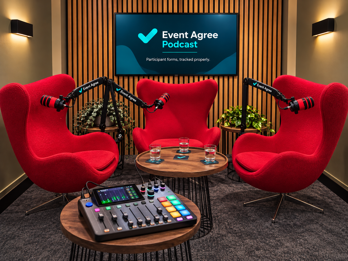 Client-branded mobile podcast studio with red chairs, individual microphones, a display and production mixer