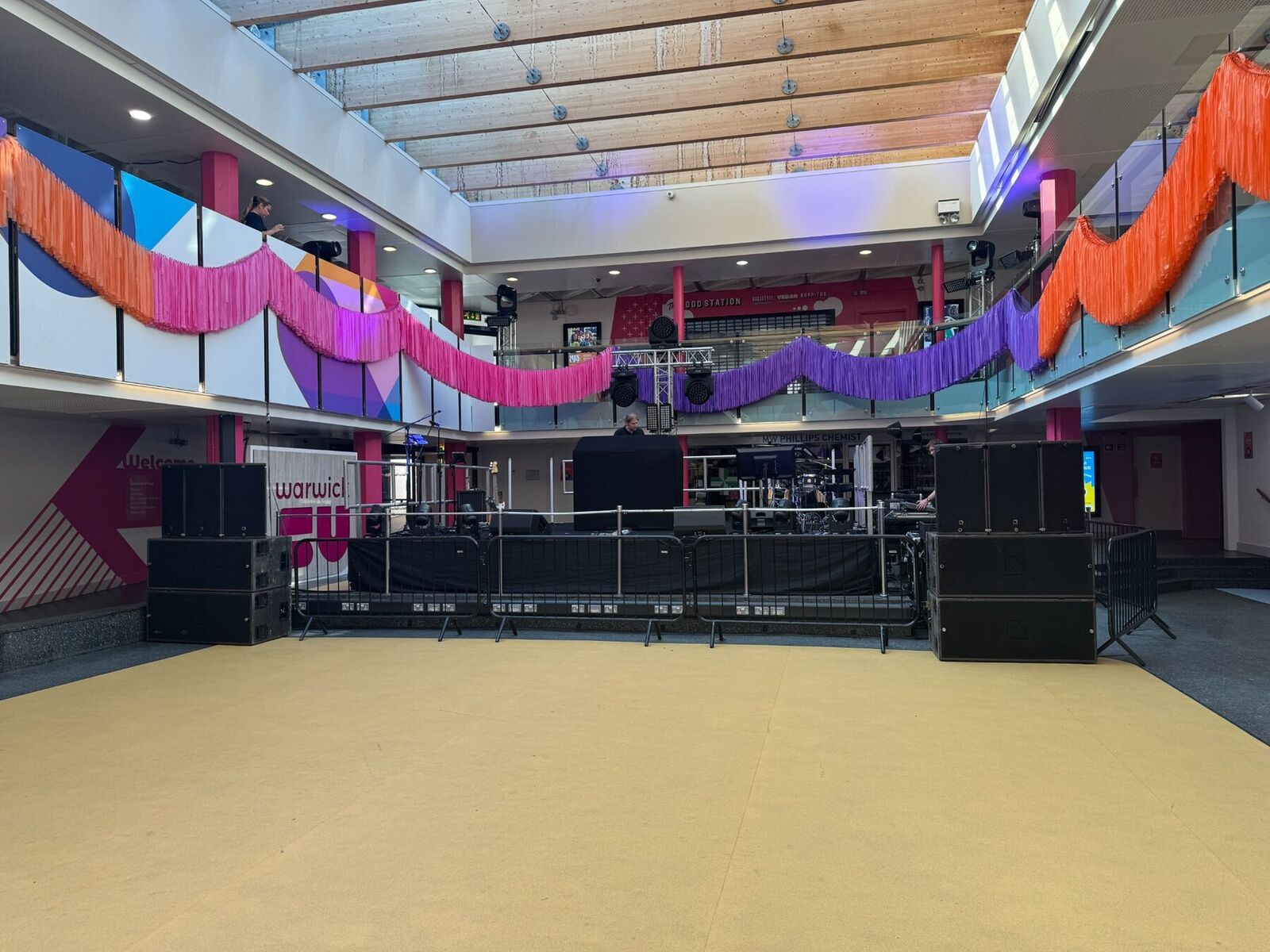 Daytime technical setup for a party band and DJ event