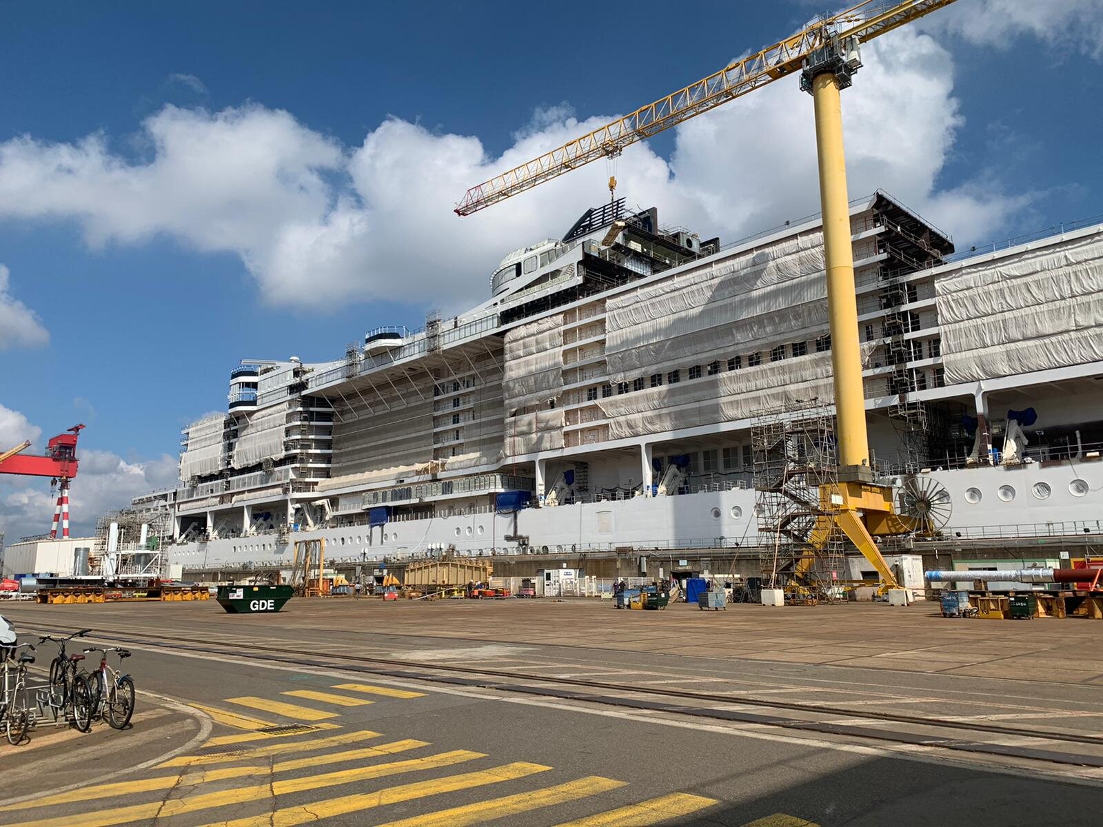 Cruise ship under construction in a shipyard during a new-build project