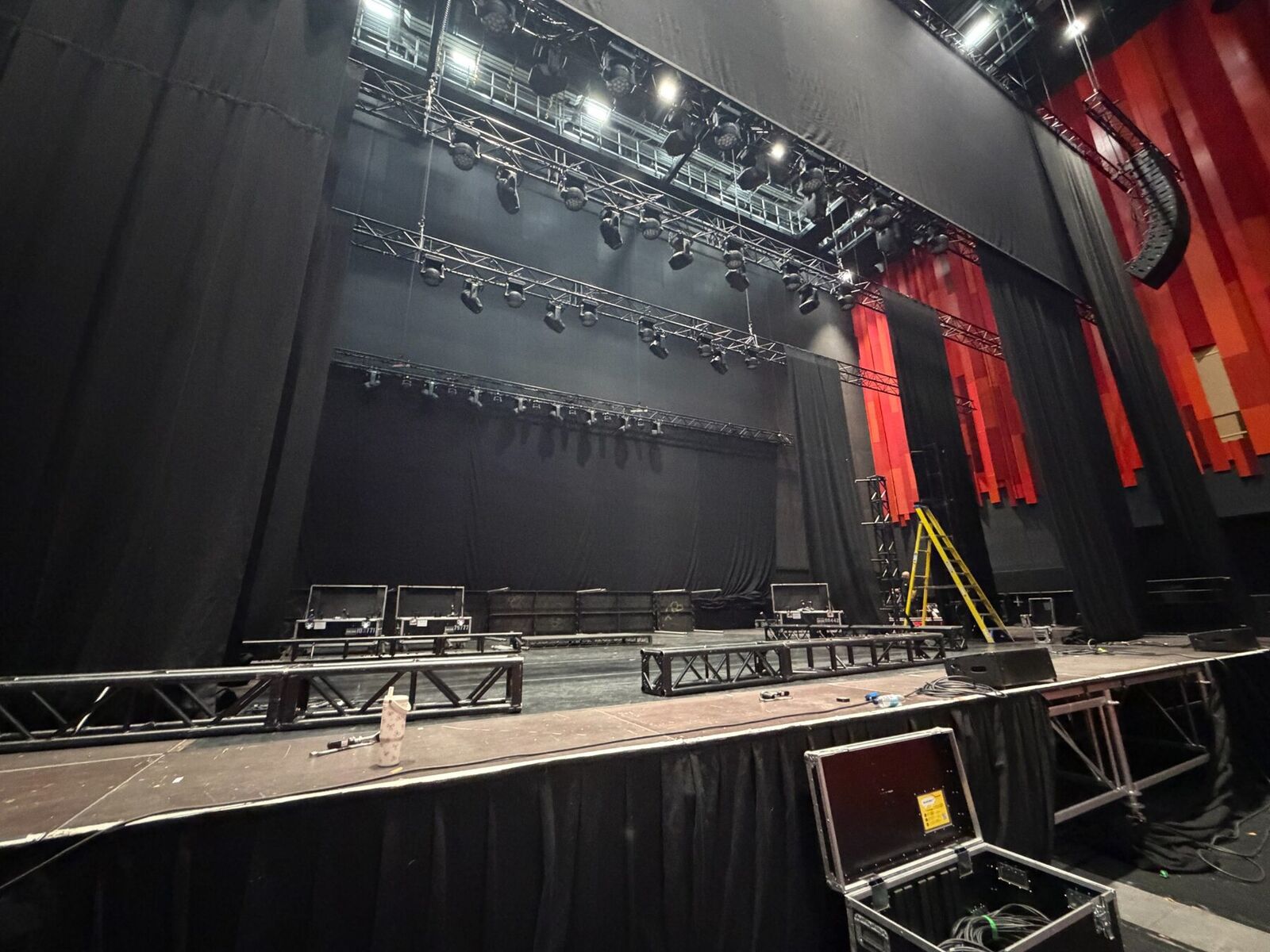 Theatre stage lighting and sound rig during setup